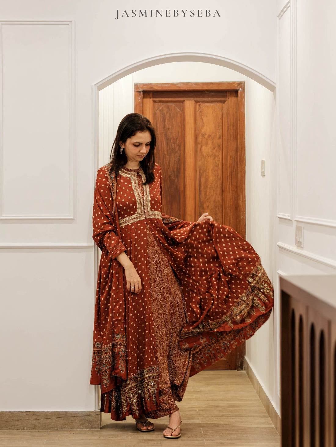 Ajrakh hand dyed hand block printed modal silk panel cut salwar set with cut bead handwork
