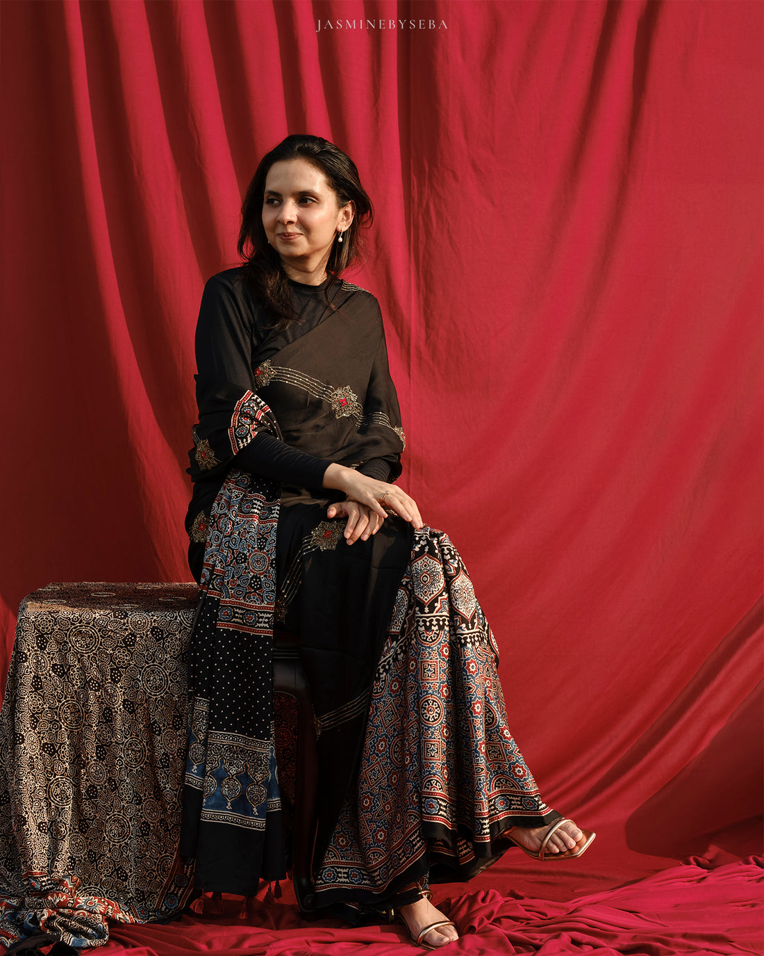 Ajrakh modal silk hand dyed, hand block printed and handworked saree with modal silk handworked dupatta