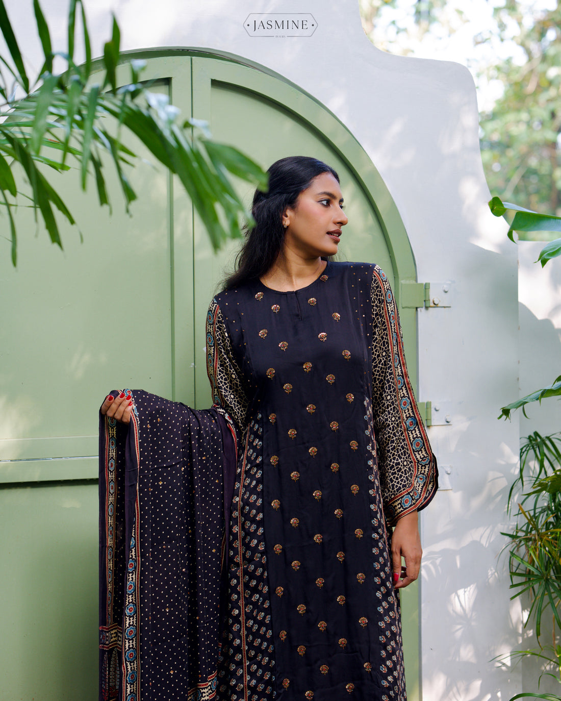 Ajrakh hand block printed modal silk A line salwar set with zardosi handwork