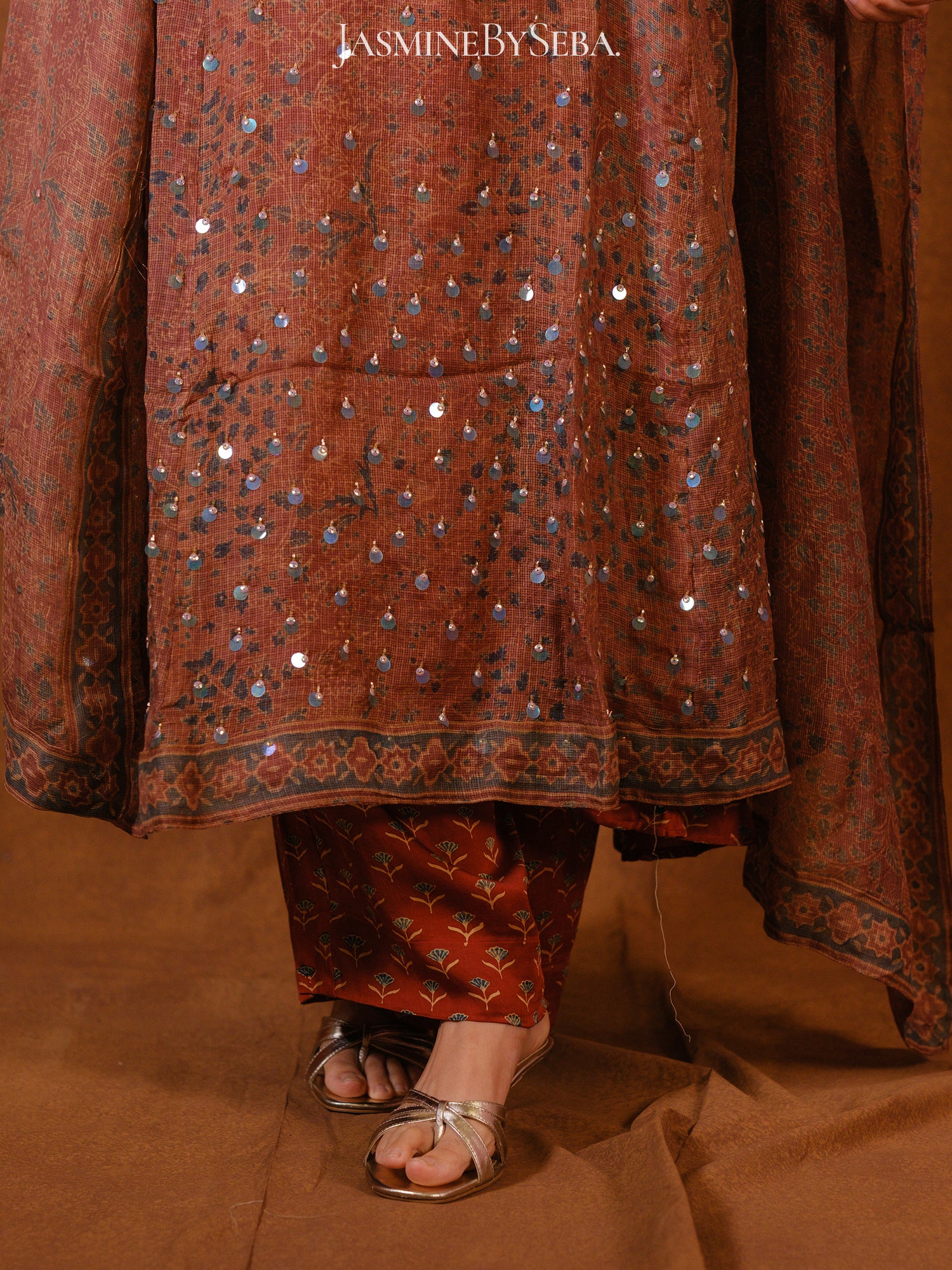 Ajrakh hand dyed hand block printed kota silk jacket set with cut bead handwork