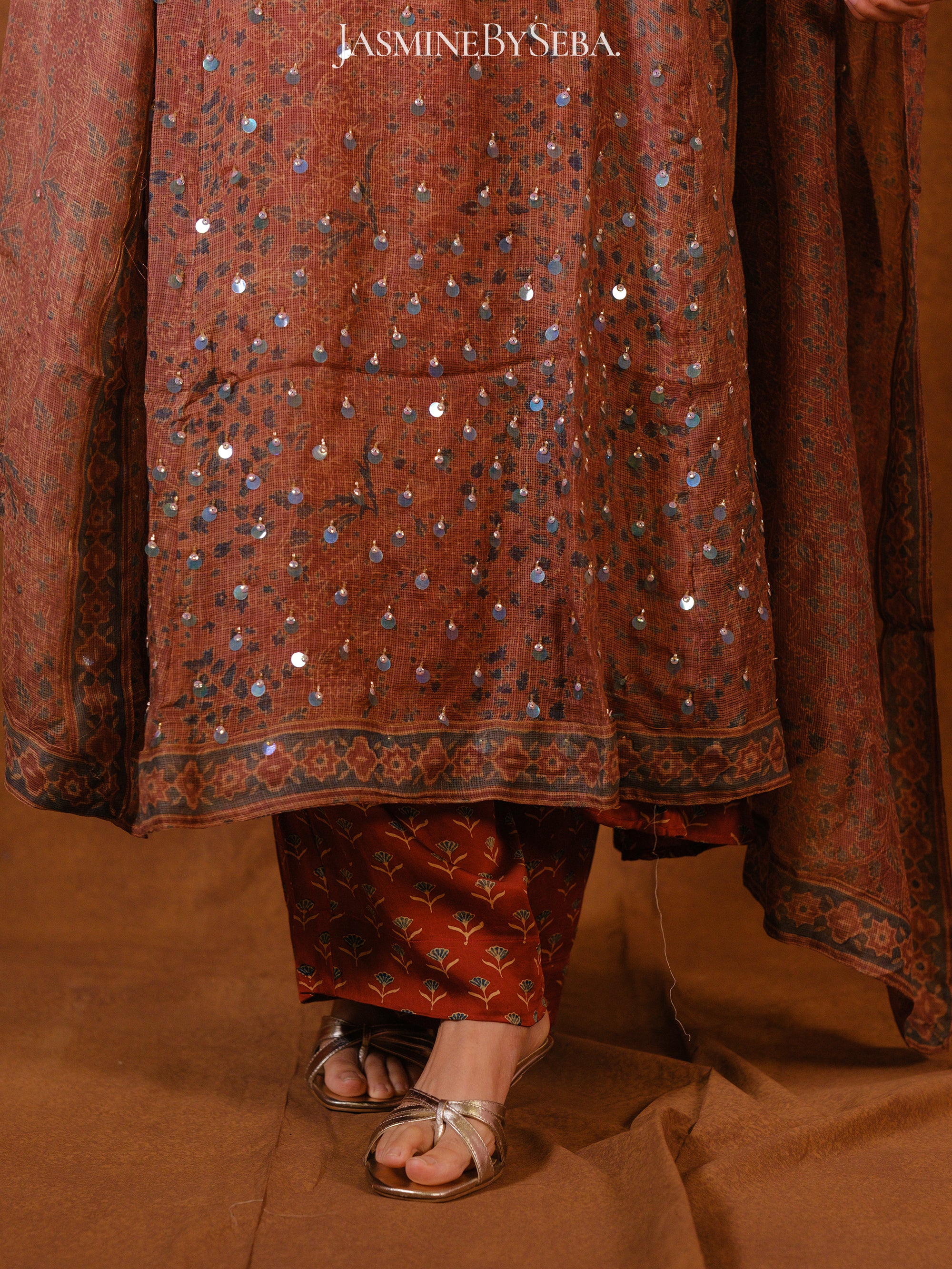 Ajrakh hand dyed hand block printed kota silk jacket set with cut bead handwork