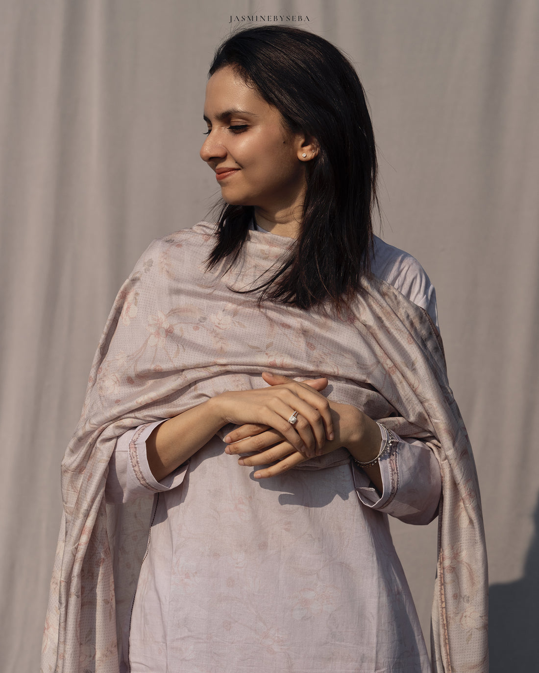 Jasmine in-house printed straight cut set in cotton lawn with modal silk dupatta