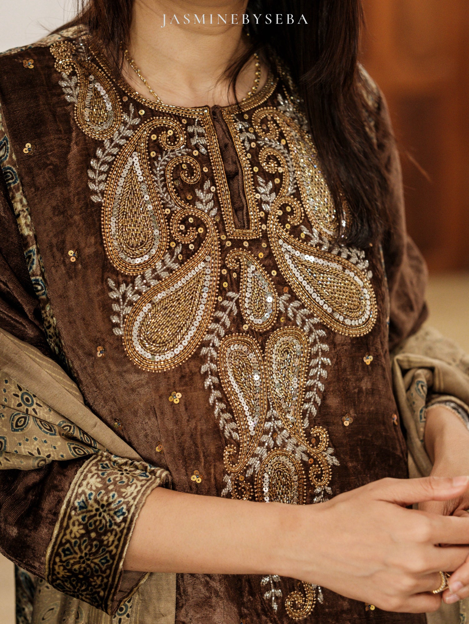 Ajrakh hand dyed hand block printed velvet silk salwar set with hand embroidry