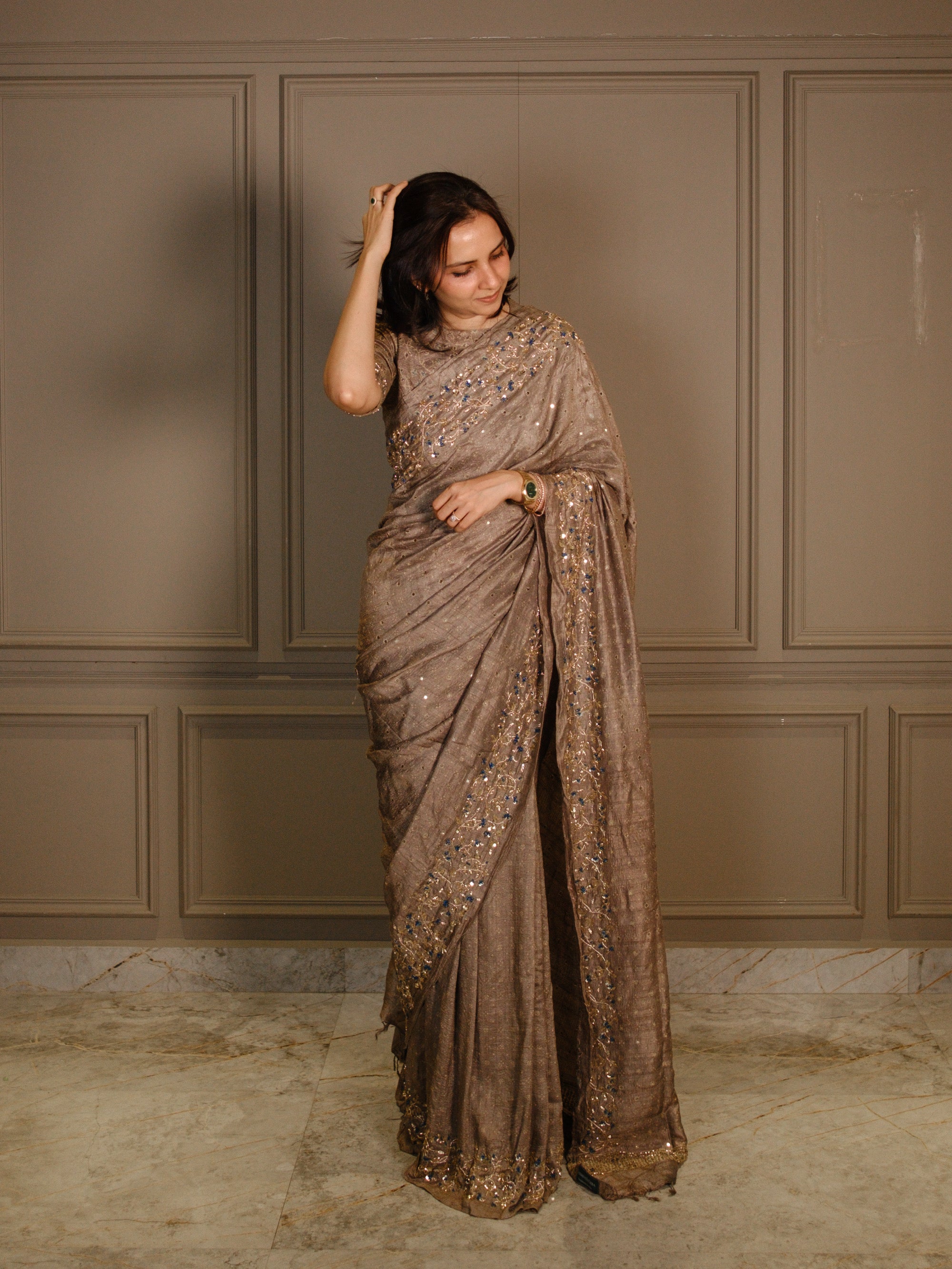 Ajrakh pure handloom tussar silk hand dyed, hand block printed and handembroideredsaree