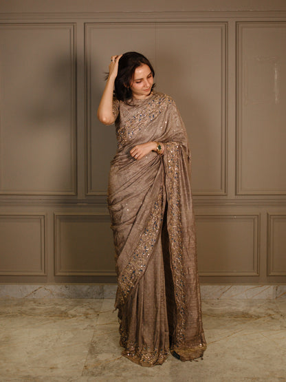 Ajrakh pure handloom tussar silk hand dyed, hand block printed and handembroideredsaree