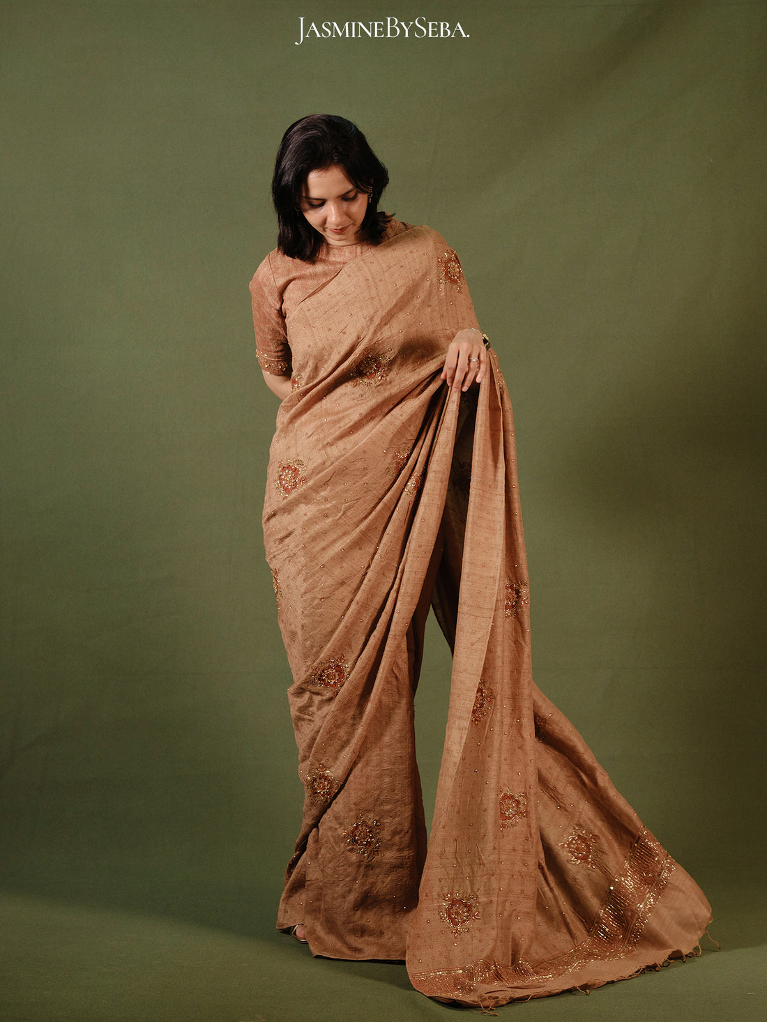 Ajrakh pure handloom tussar silk hand dyed, hand block printed and handworked saree