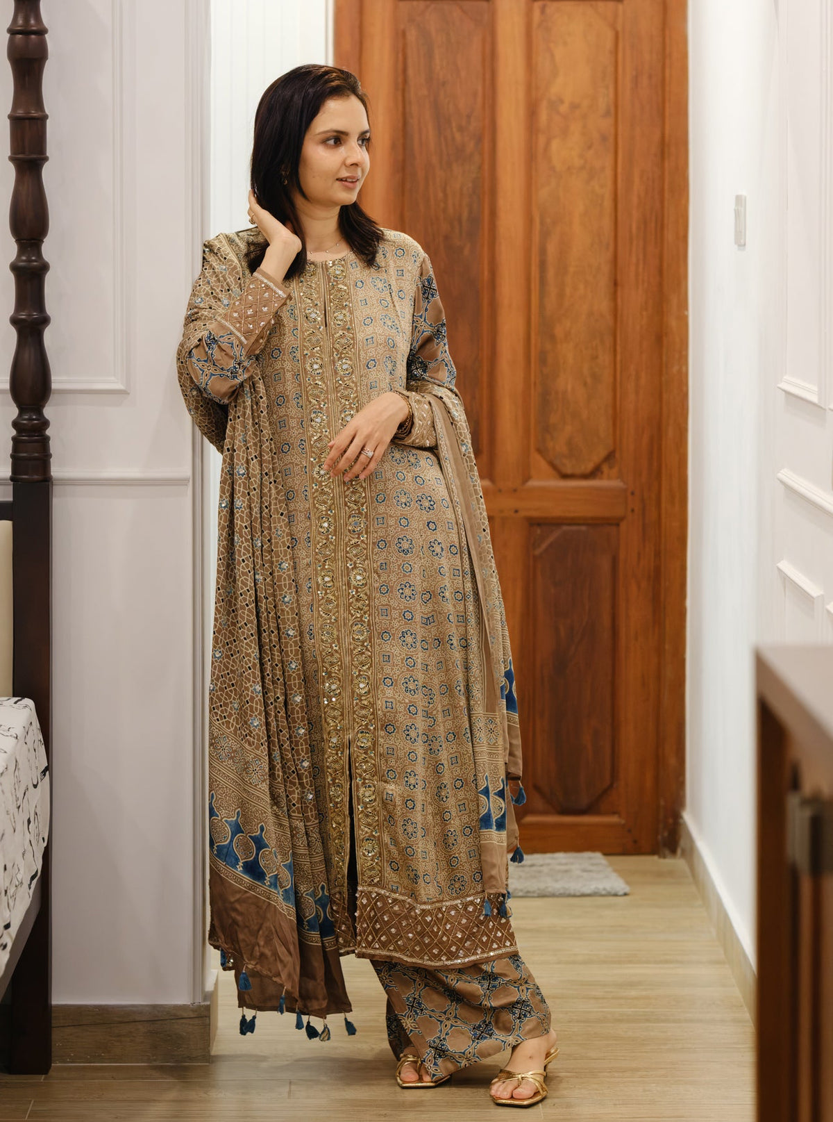 Ajrakh hand dyed hand block printed modal silk panel cut salwar set with cut bead handwork