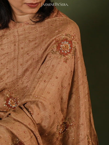 Ajrakh pure handloom tussar silk hand dyed, hand block printed and handworked saree