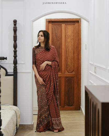 Ajrakh pure handloom gajji silk hand dyed, hand block printed and handworked saree