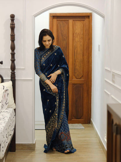 Ajrakh pure velvet silk hand dyed, hand block printed and handworked saree