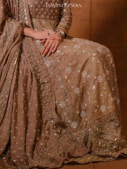 Custom made Ajrakh handcrafted handloom Tusshar silk bridal anarkali set with pure handloom gajji silk dupatta detailed out with hand embroidry