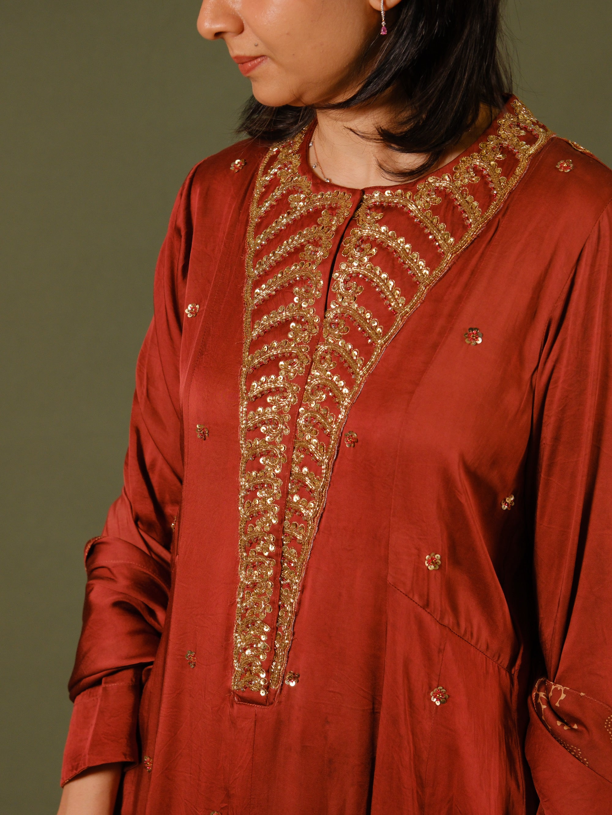 Ajrakh hand dyed hand block printed modal silk panel cut salwar set with cut bead handwork