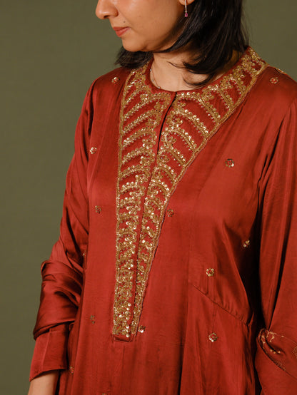 Ajrakh hand dyed hand block printed modal silk panel cut salwar set with cut bead handwork