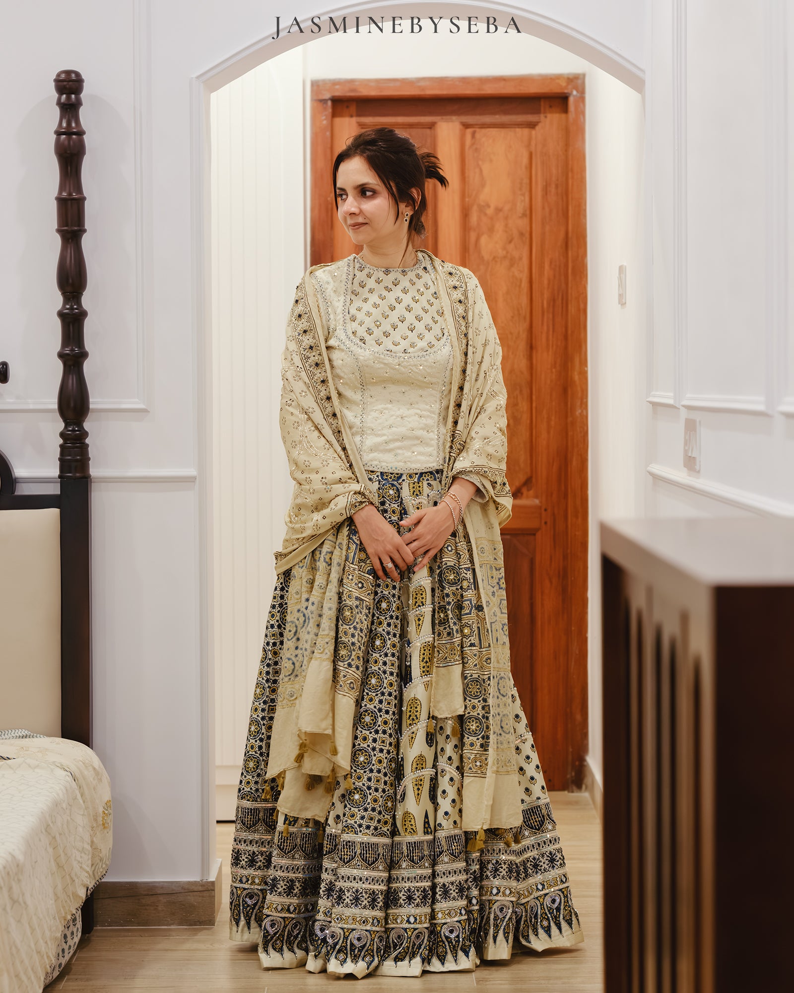 Custom made Ajrakh hand dyed hand block printed modal silk bridal lehenga set with pure handloom gajji silk dupatta detailed out with hand embroidry