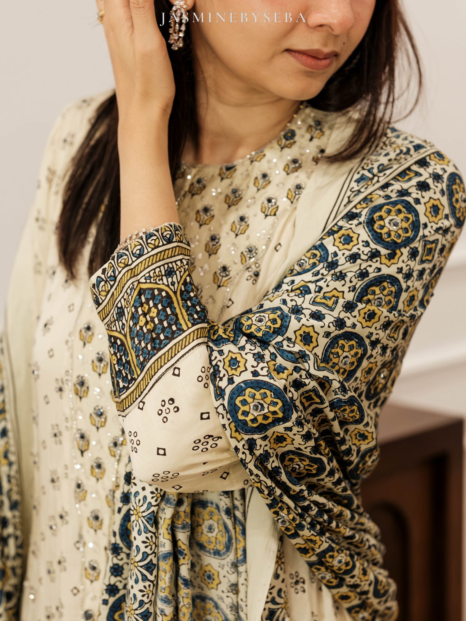 Ajrakh hand dyed hand block printed modal silk panel cut salwar set with cut bead handwork
