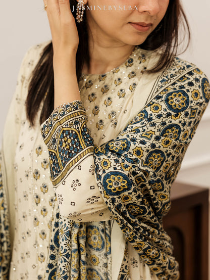 Ajrakh hand dyed hand block printed modal silk panel cut salwar set with cut bead handwork