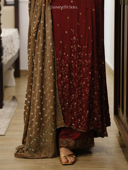 Ajrakh hand dyed hand block printed modal silk panel cut salwar set with cut bead handwork