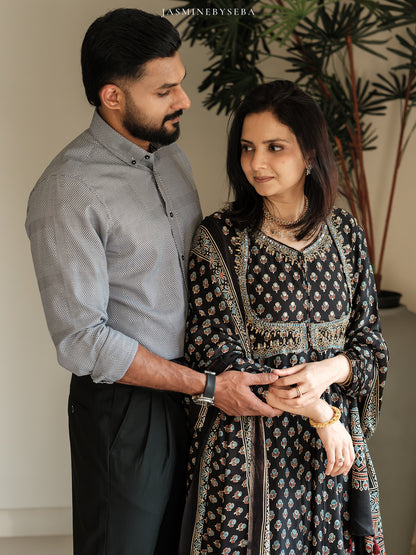 Custom made Ajrakh hand dyed hand block printed modal silk anarakali set with hand embroidry