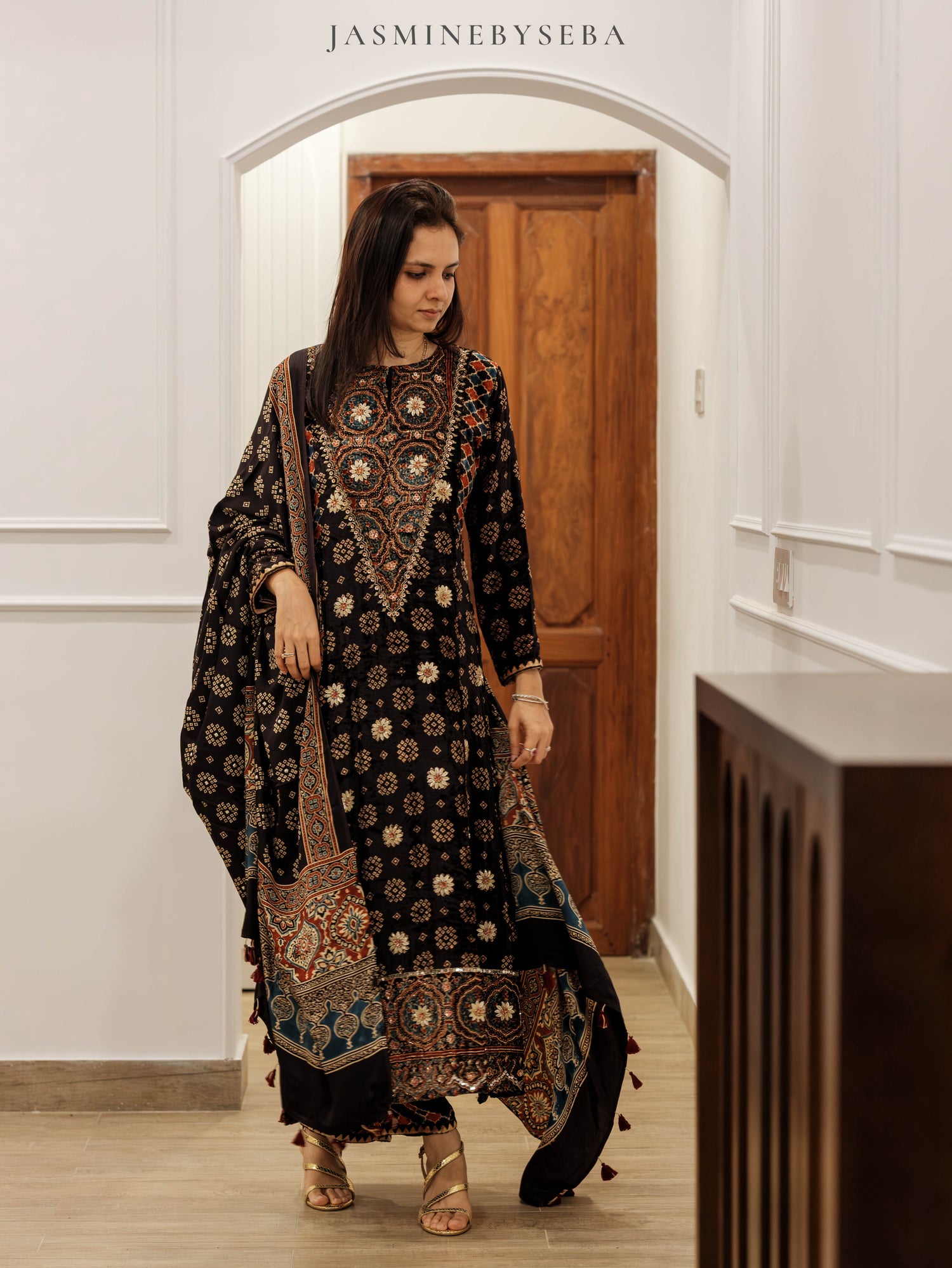 Ajrakh hand dyed hand block printed velvet silk panel cut salwar set with hand embroidry