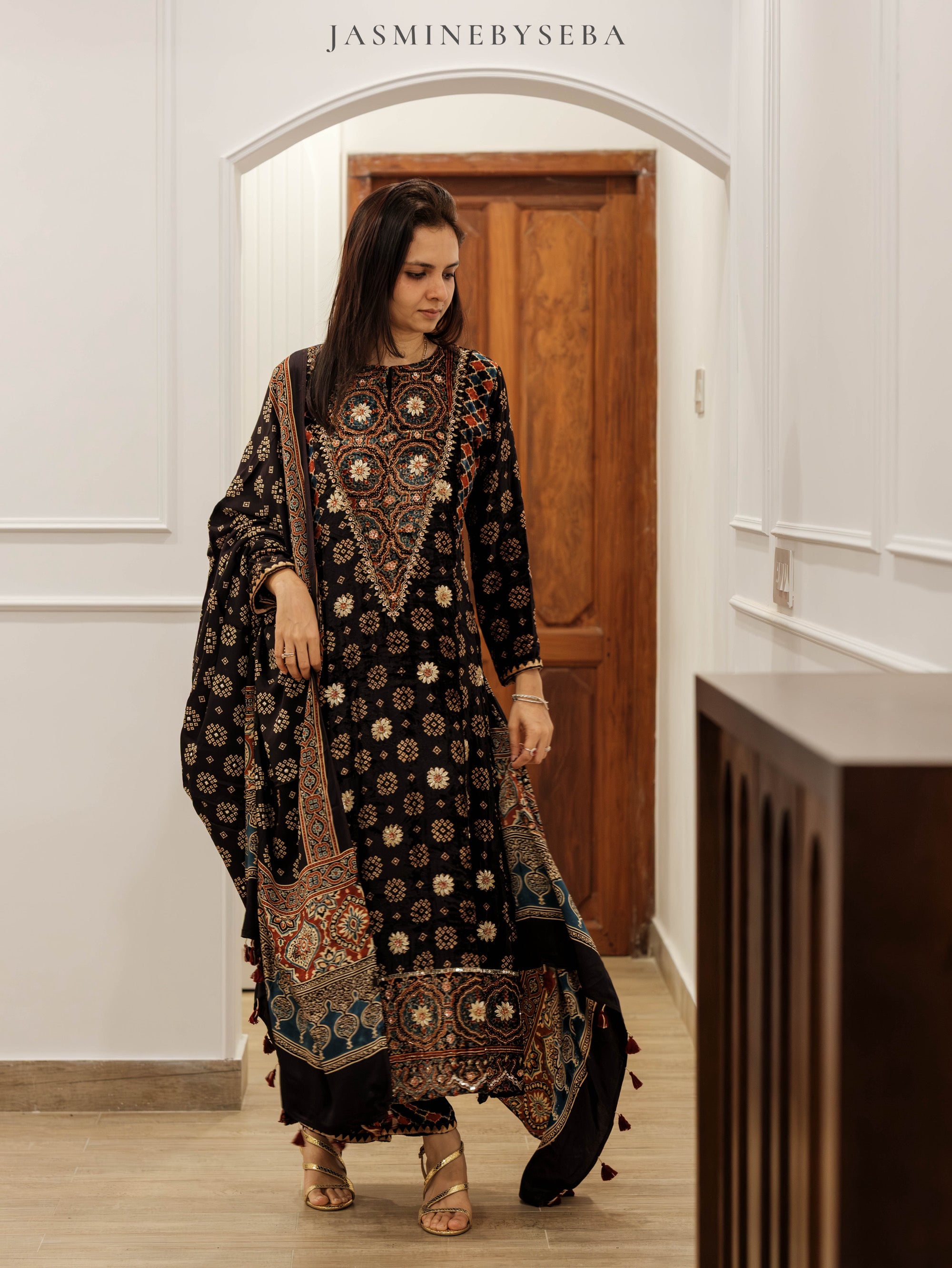 Ajrakh hand dyed hand block printed velvet silk panel cut salwar set with hand embroidry