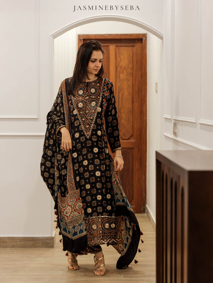 Ajrakh hand dyed hand block printed velvet silk panel cut salwar set with hand embroidry