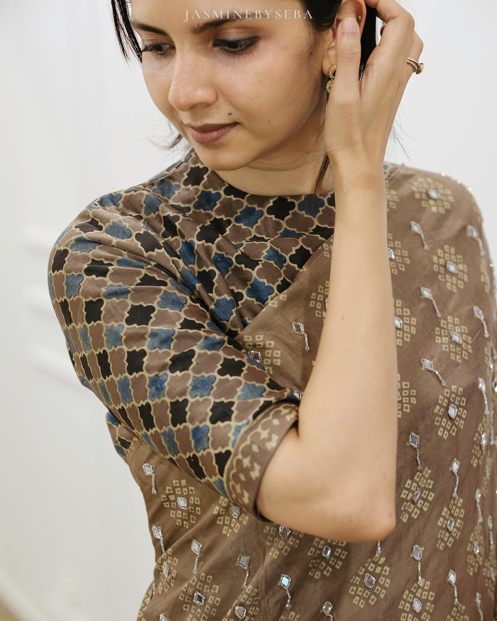 Ajrakh pure handloom gajji silk hand dyed, hand block printed and handworked saree