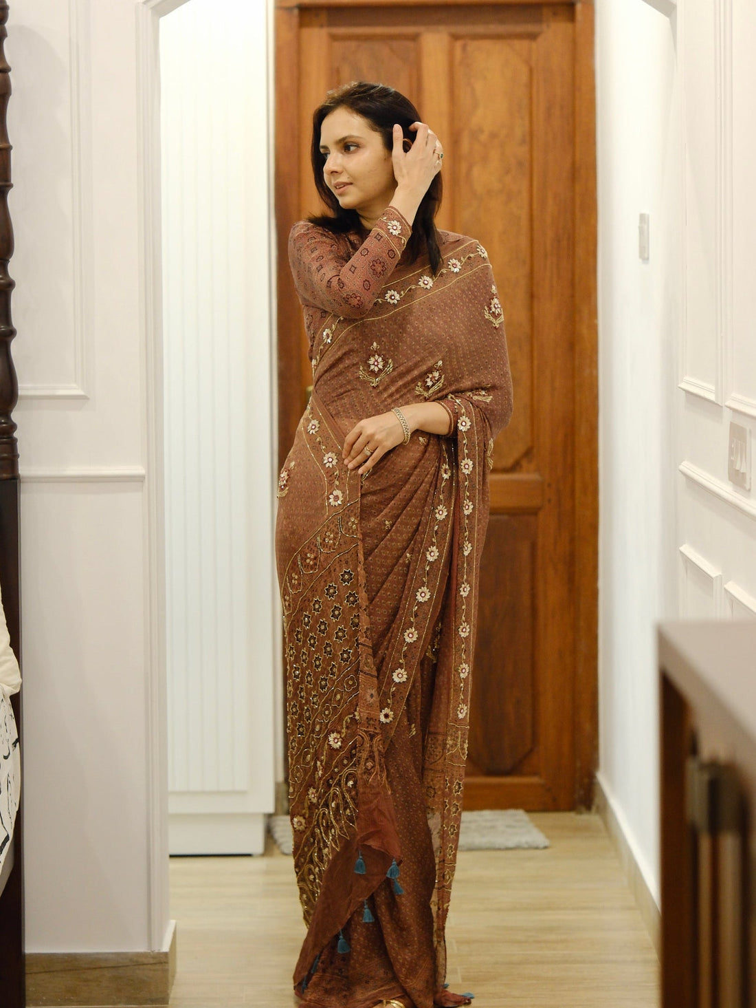 Ajrakh pure kota silk hand dyed, hand block printed and handworked saree