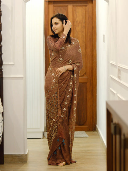 Ajrakh pure kota silk hand dyed, hand block printed and handworked saree