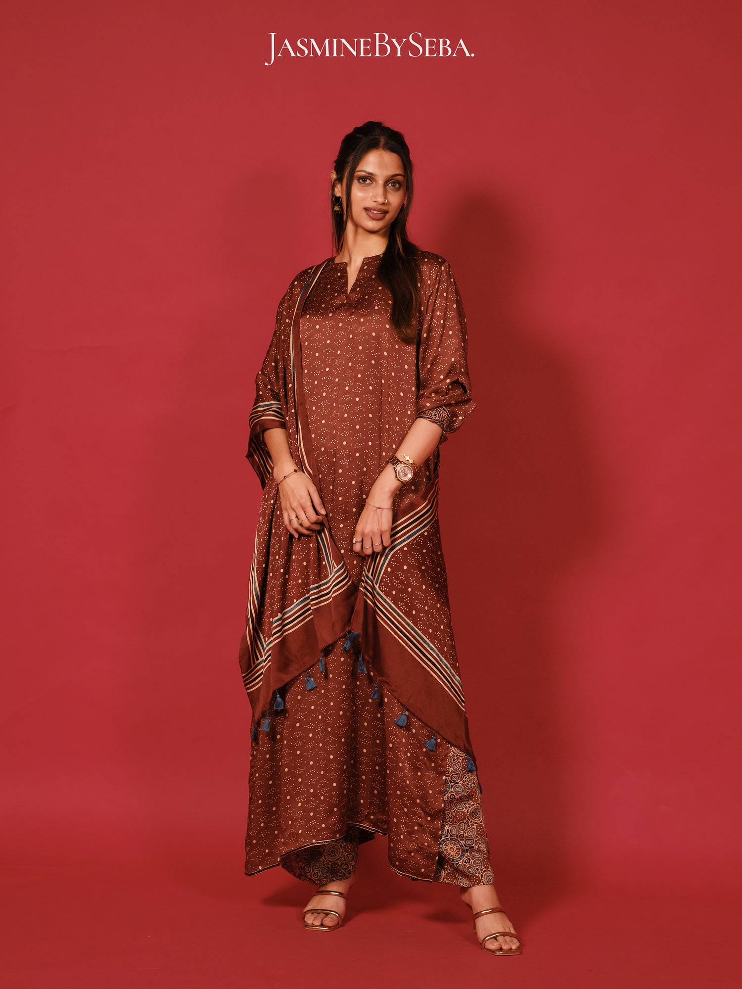 Ajrakh hand dyed hand block printed modal silk coord set