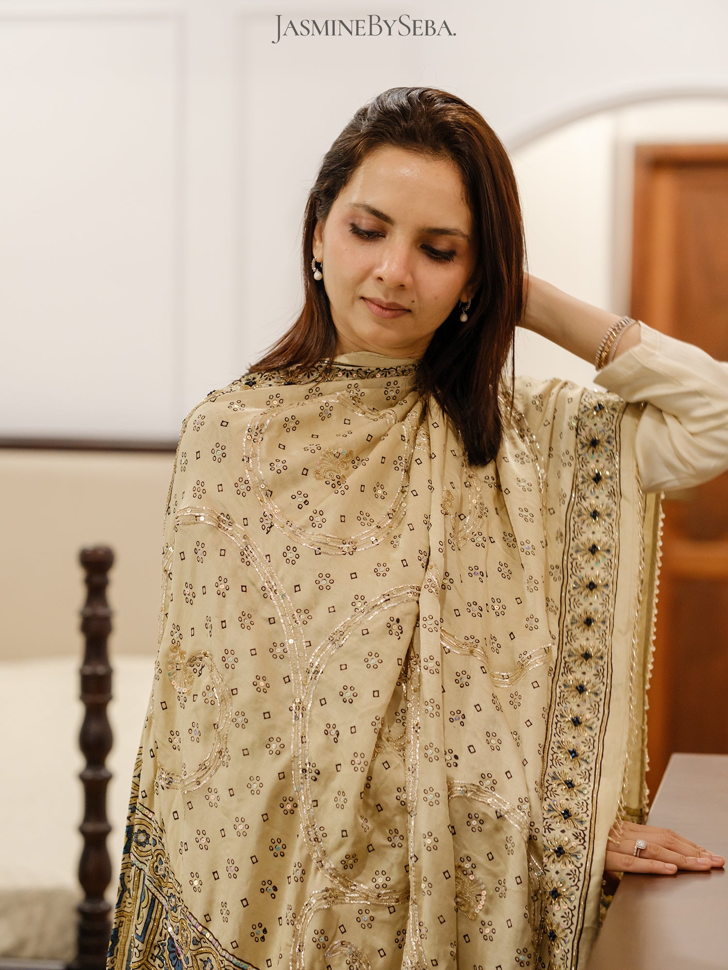 Custom made Ajrakh hand dyed hand block printed modal silk anarakali set with hand embroidry