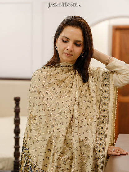 Custom made Ajrakh hand dyed hand block printed modal silk anarakali set with hand embroidry