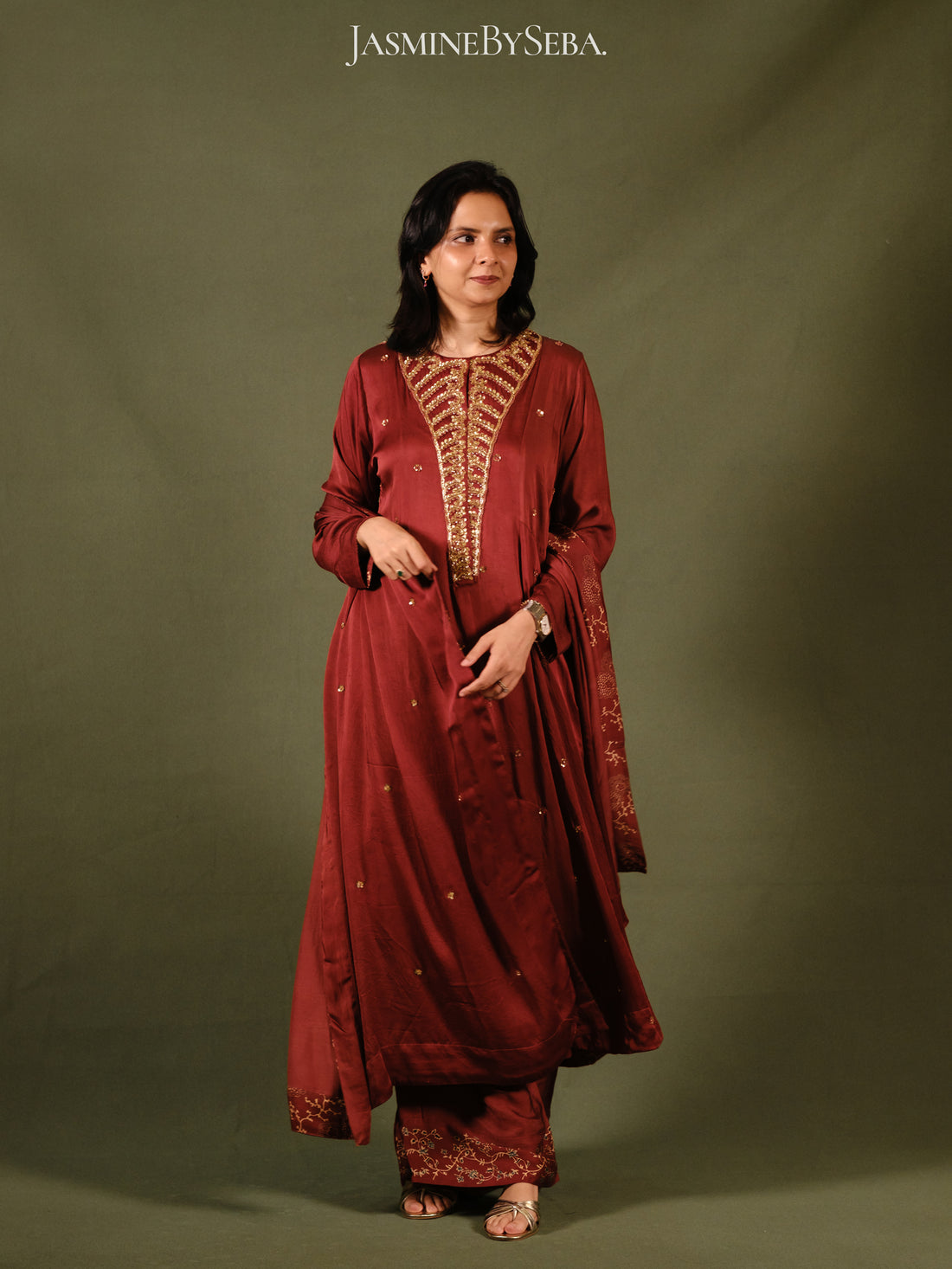 Ajrakh hand dyed hand block printed modal silk panel cut salwar set with cut bead handwork