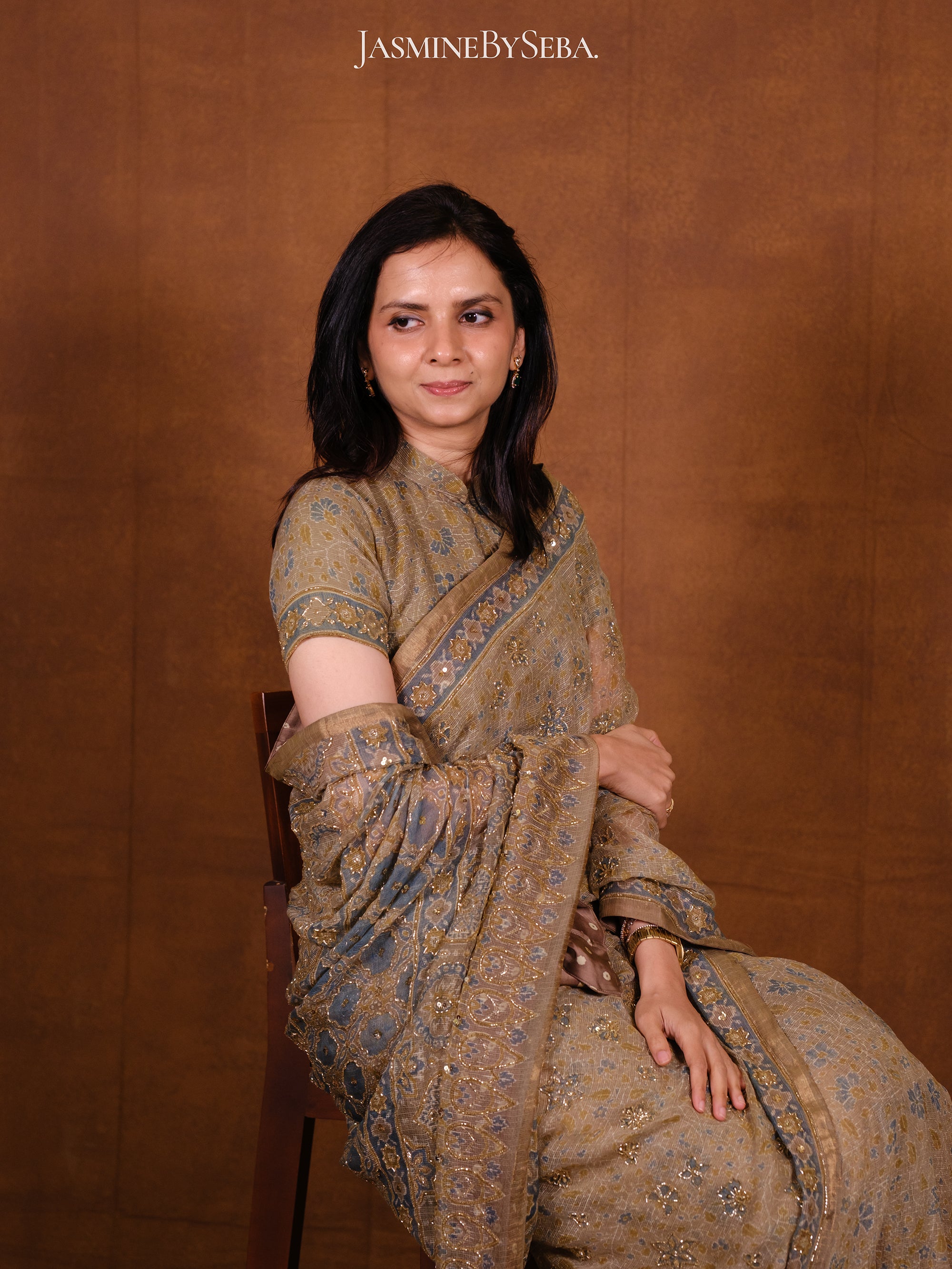 Ajrakh pure kota doria hand dyed, hand block printed and handworked saree