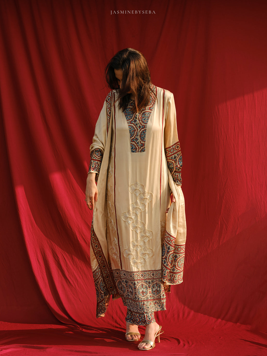 Ajrakh hand block printed modal silk straight cut salwar set with cutbead handwork