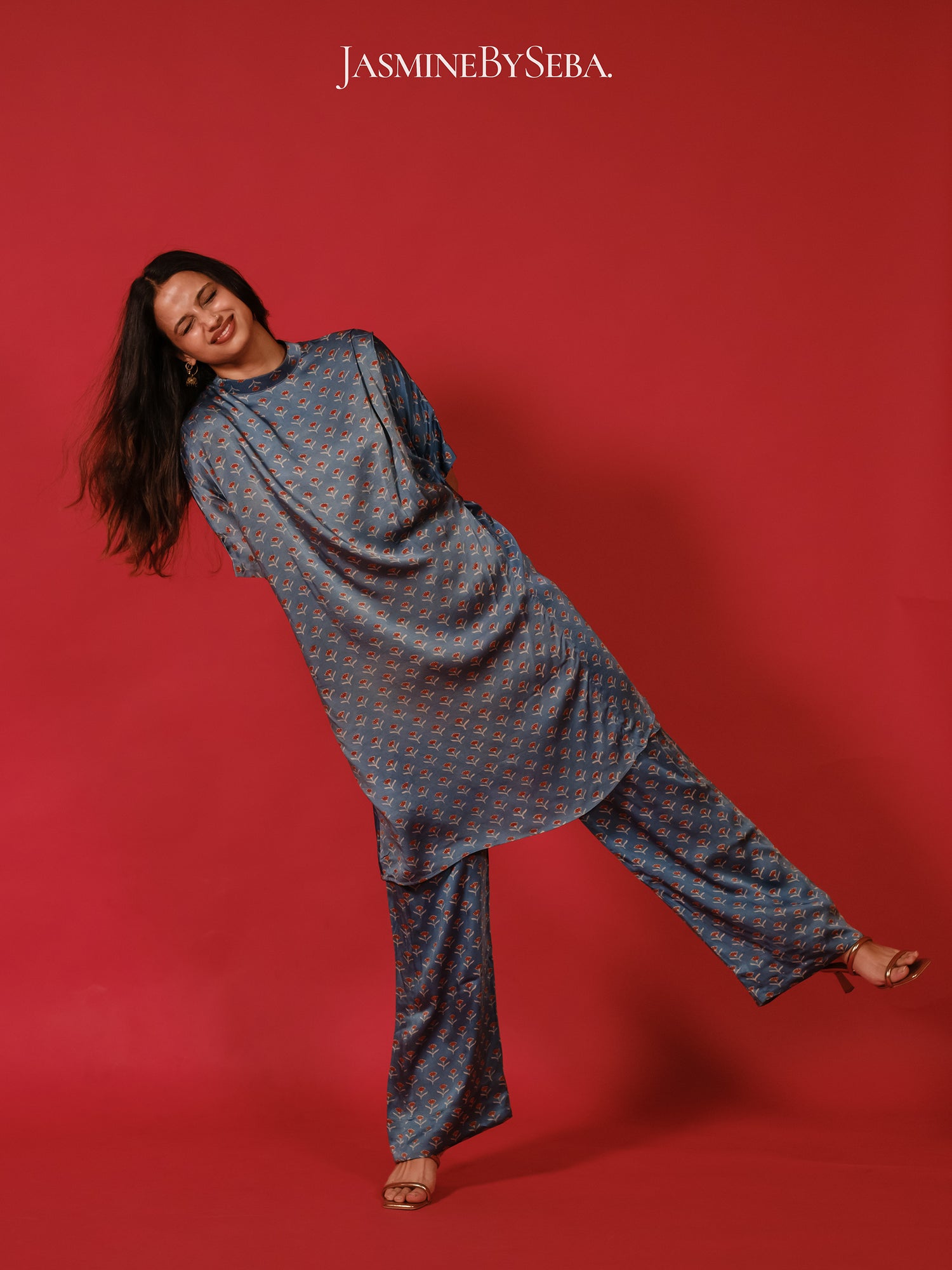 Ajrakh hand dyed hand block printed modal silk coord set