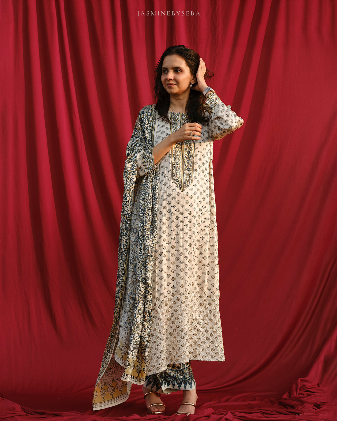 Ajrakh hand dyed hand block printed modal silk straight cut salwar set with cutbead handwork