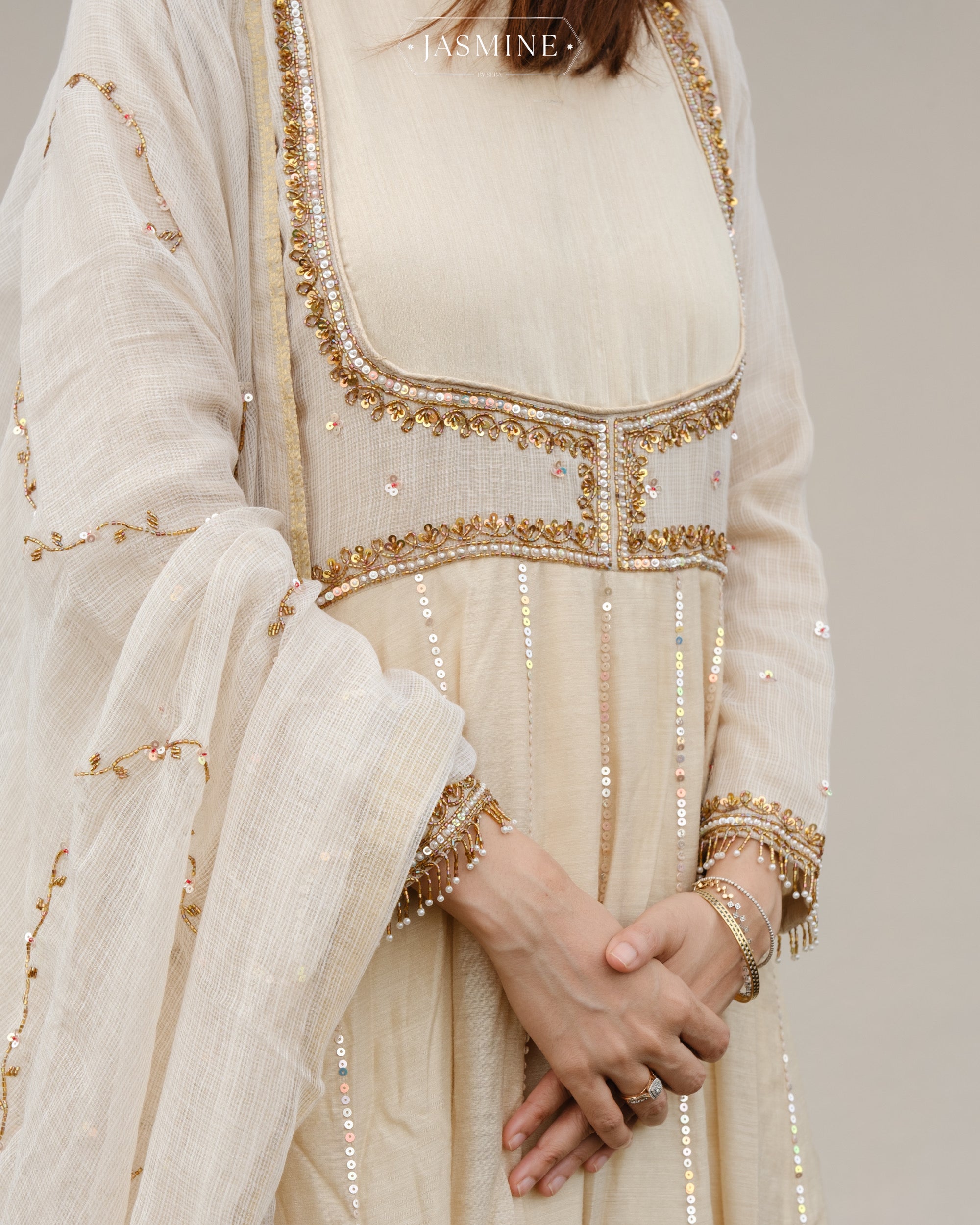 Banarsi silk anarkali with sharara pants teamed