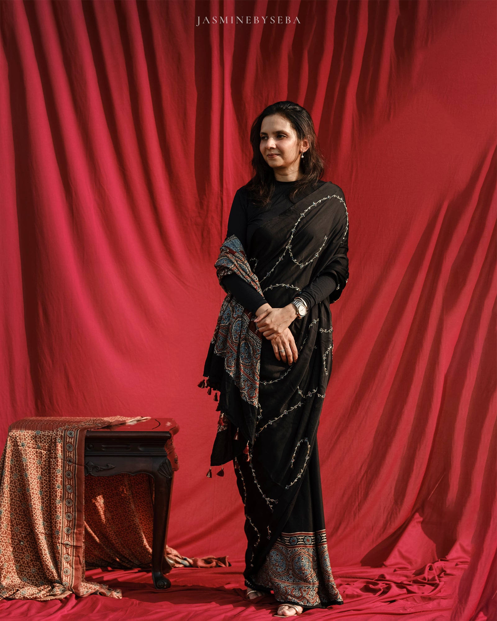 Ajrakh modal silk handworked saree with modal silk handworked dupatta