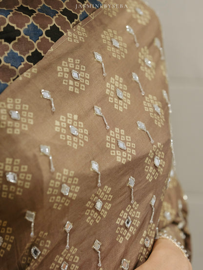 Ajrakh pure handloom gajji silk hand dyed, hand block printed and handworked saree