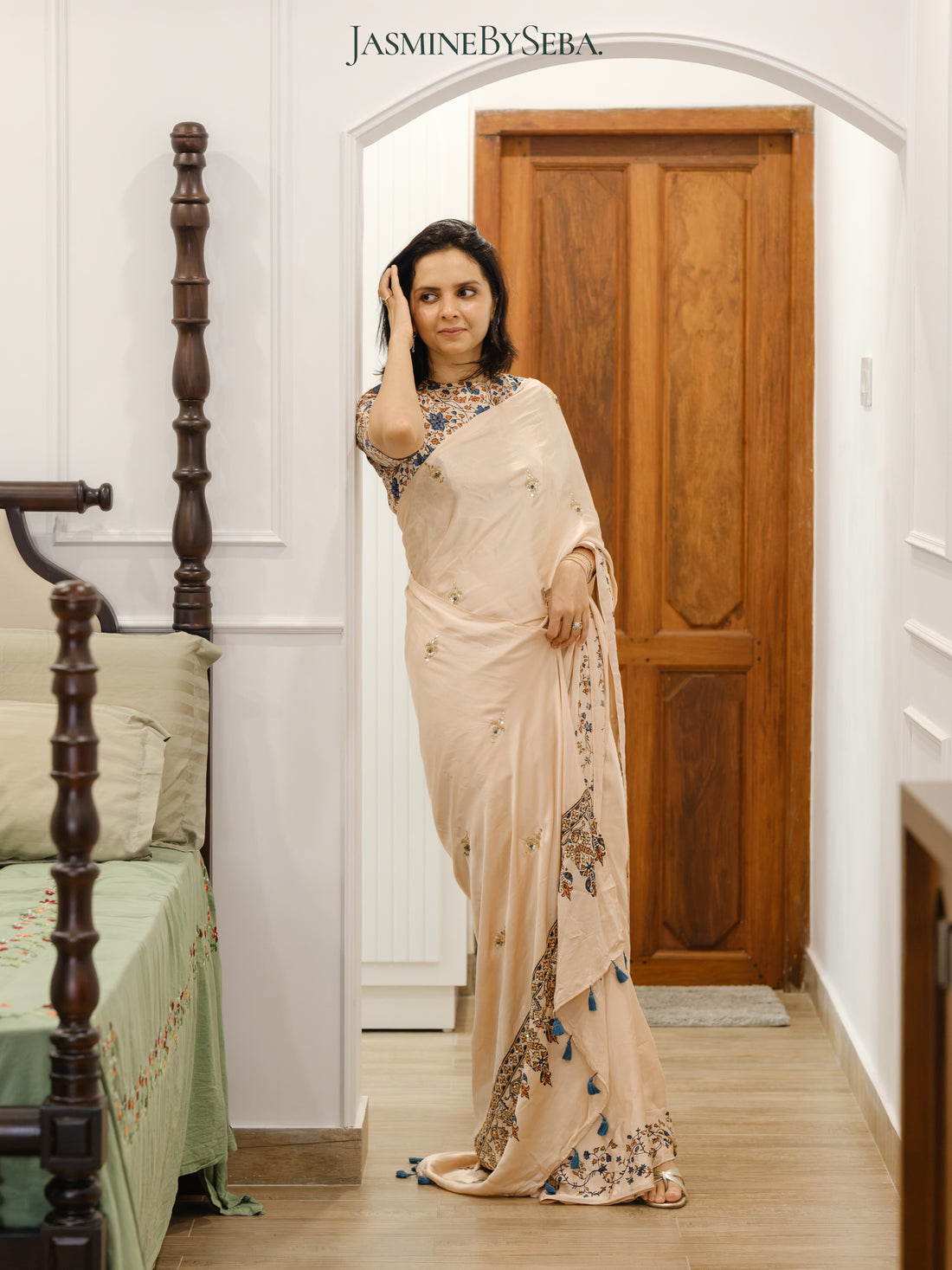 Bespoke ‘Jasmine’ hand printed 
Ajrakh pure modal silk hand dyed, hand block printed and handworked saree