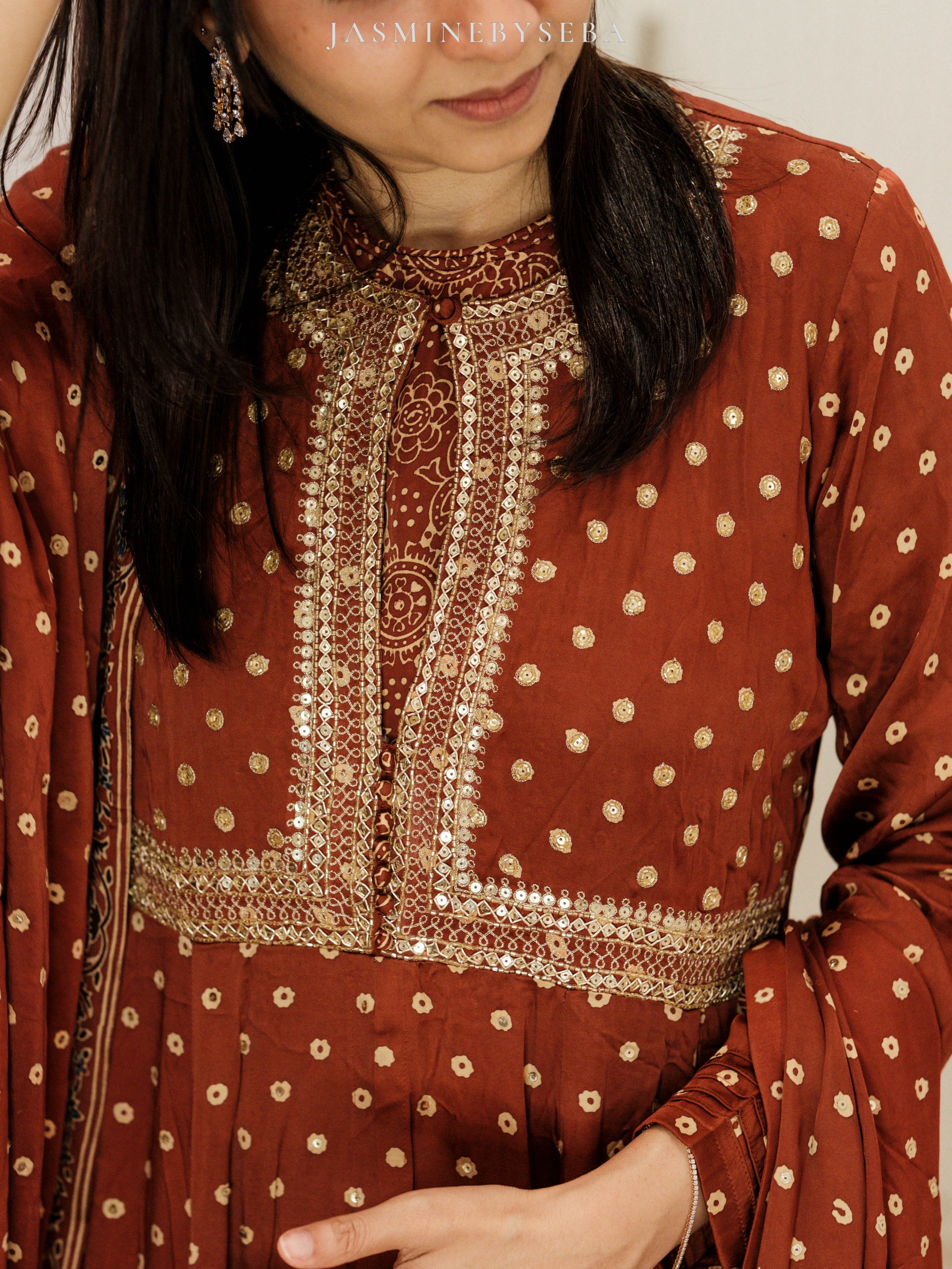 Ajrakh hand dyed hand block printed modal silk panel cut salwar set with cut bead handwork