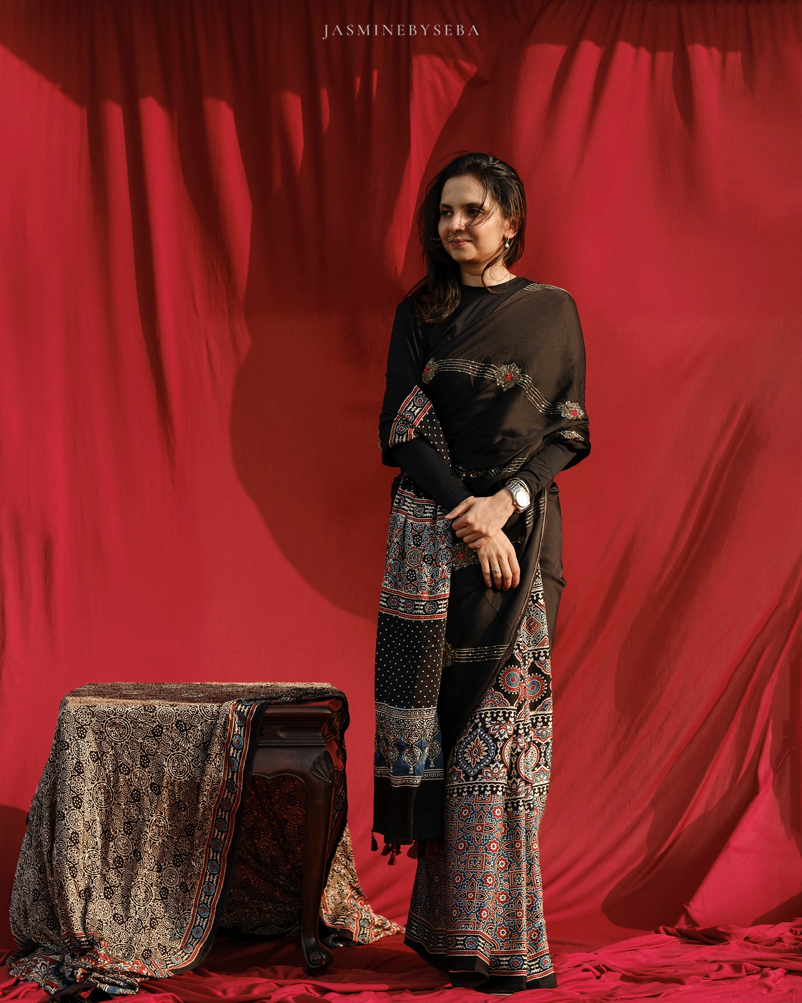 Ajrakh modal silk hand dyed, hand block printed and handworked saree with modal silk handworked dupatta