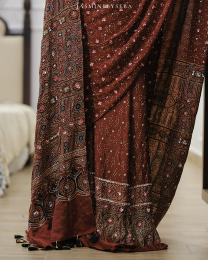 Ajrakh pure handloom gajji silk hand dyed, hand block printed and handworked saree