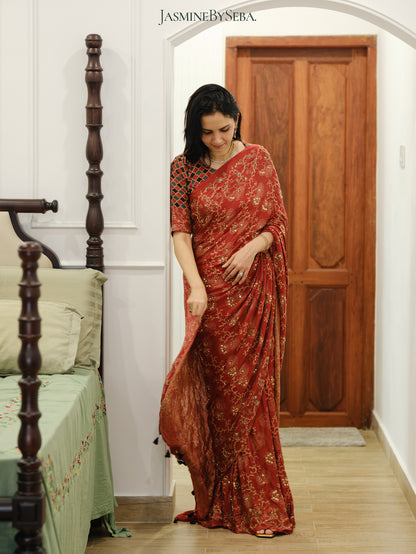 Ajrakh bridal pure handloom gajji silk hand dyed, hand block printed and handworked saree