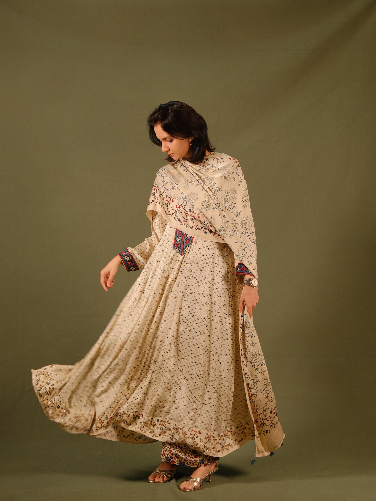 Ajrakh hand dyed hand block printed modal silk panel cut salwar set with cut bead handwork