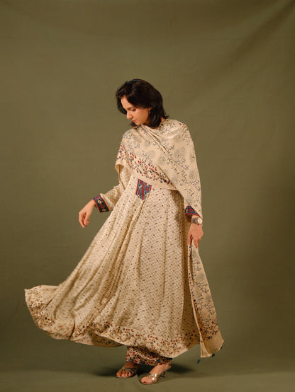 Ajrakh hand dyed hand block printed modal silk panel cut salwar set with cut bead handwork