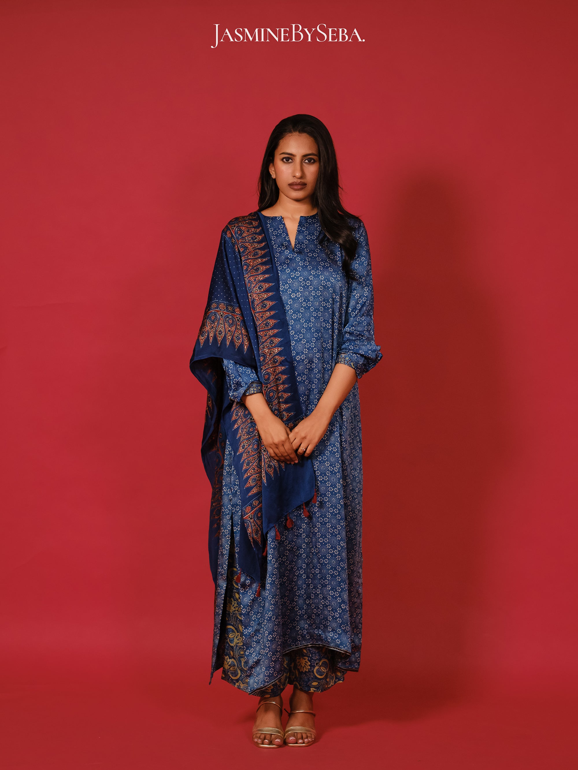 Ajrakh hand dyed hand block printed modal silk coord set