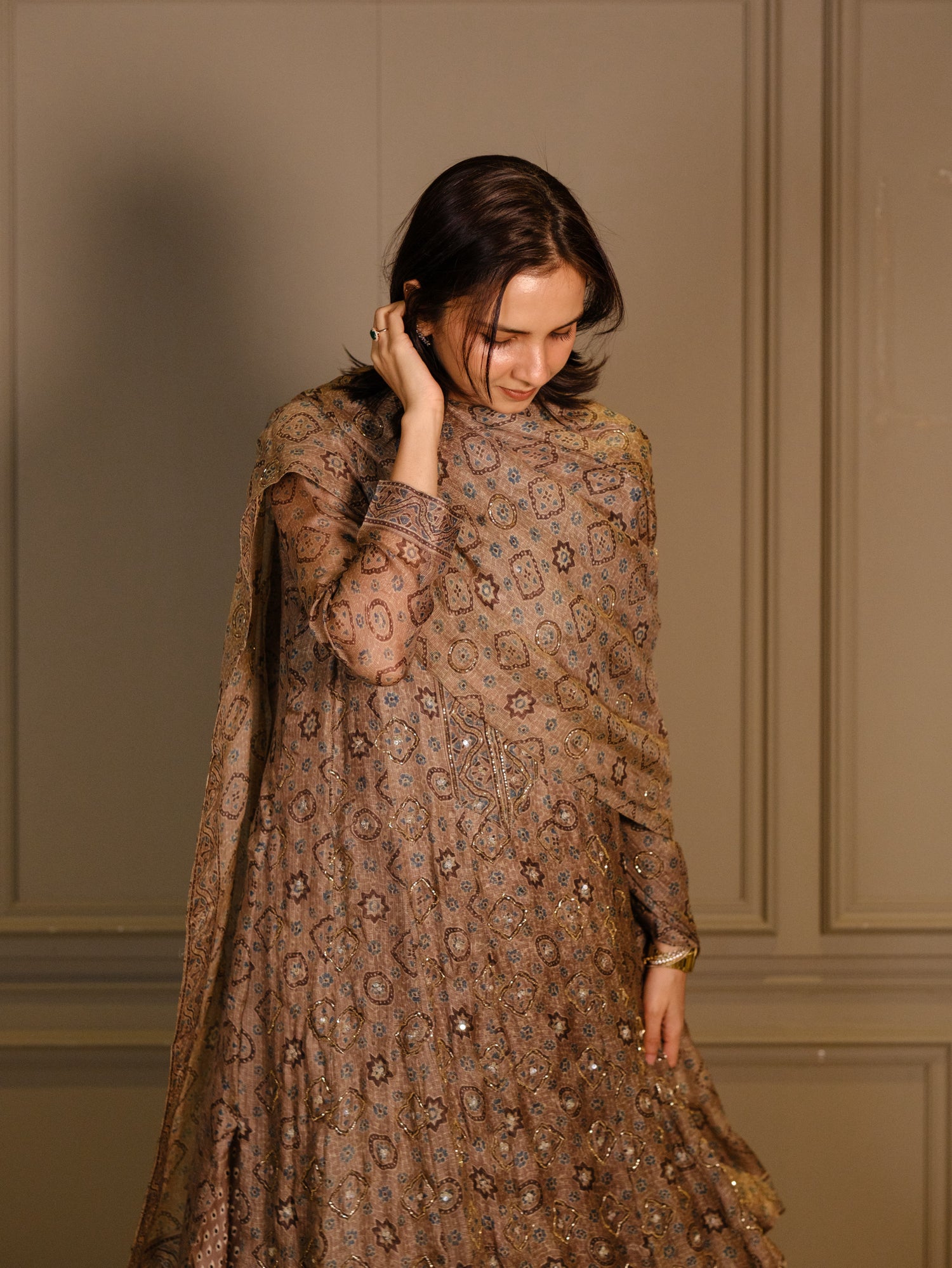 Ajrakh hand dyed hand block printed kota silk jacket set with cut bead handwork