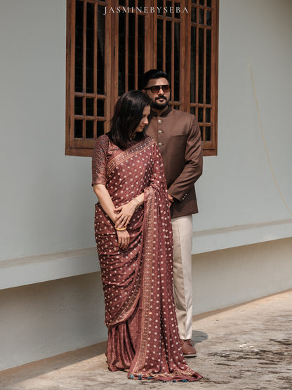 Ajrakh pure handloom gajji silk hand dyed, hand block printed and handworked saree