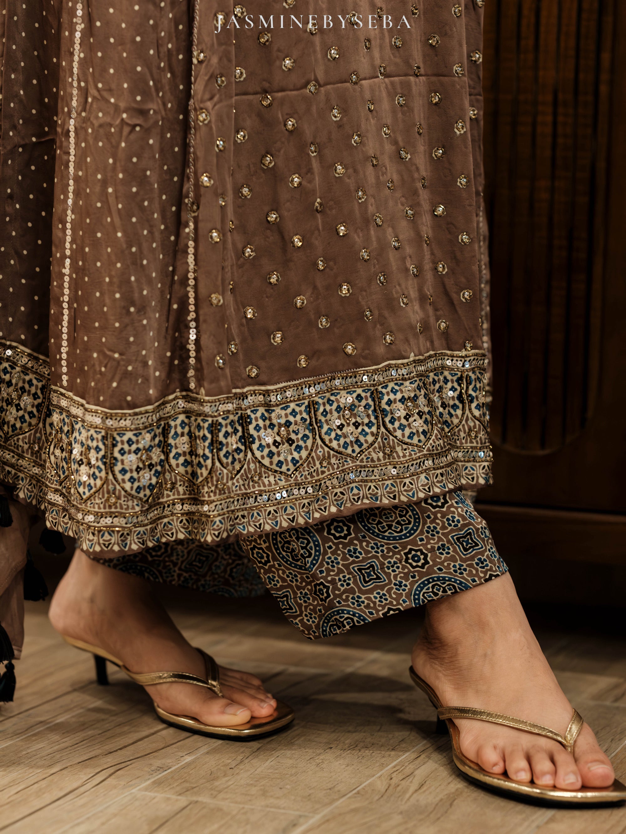 Ajrakh hand dyed hand block printed modal silk panel cut salwar set with cut bead handwork